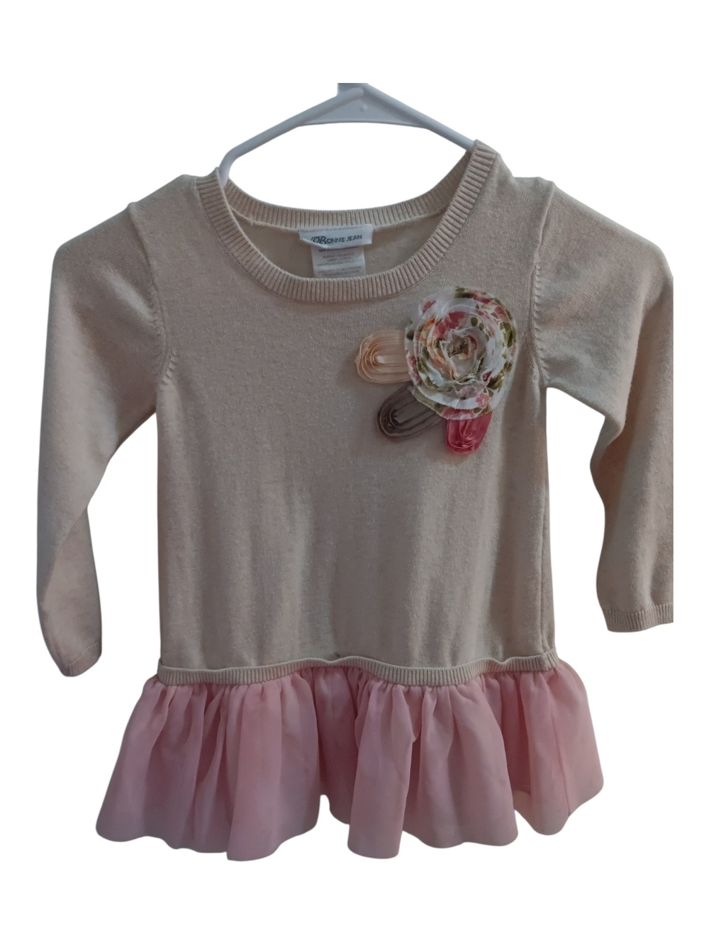 Bonnie Jean Gymboree Cream Knit Top with Pink Ruffle Hem & Floral Appliqué